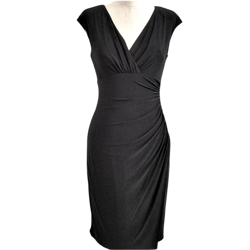 American Living Black Sleeveless Fitted V Neck Gathered Stretch Dress